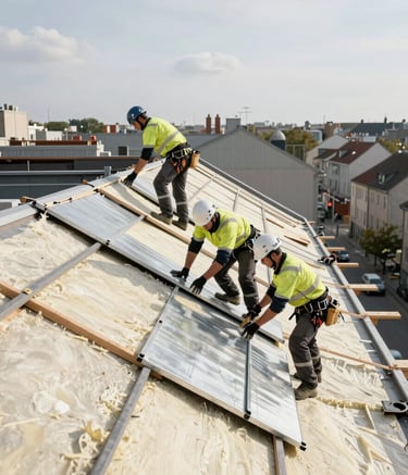 A team of roofers working on a large-scale renovation project in a Western European city. They are installing new insulation and zinc elements. The image uses a clean, bright aesthetic with shades of off-white and charcoal grey, conveying professionalism and scale.