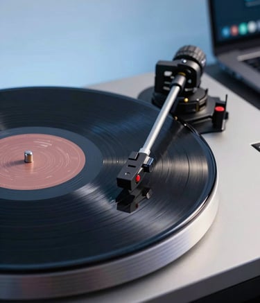 A close-up photograph of a professional vinyl record player in a studio with soft dusty sky blue ambient lighting. The atmosphere is sophisticated and sleek, with reflections of a modern digital workspace in the background.