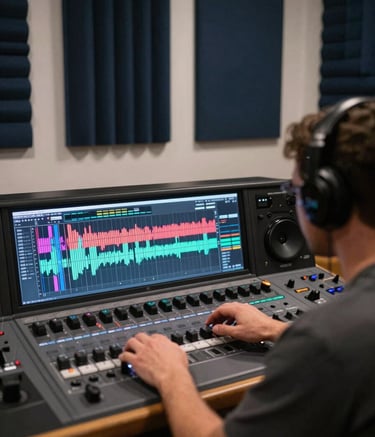 An over-the-shoulder shot of a music producer working on a complex digital audio workstation. The screen shows vibrant sound waves, and the room is styled with charcoal navy acoustic panels and soft misty white lighting.