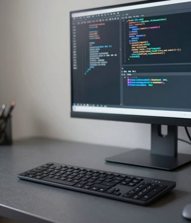 A close-up photograph of a sleek, minimalist keyboard and a high-resolution monitor displaying clean lines of code in a professional North American / US home office. The desk is a dark slate grey, and the walls are a soft off-white. The lighting is focused and cool, creating a mood of efficiency and modern innovation.
