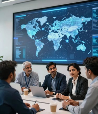 A group of South Asian / Indian technology professionals in a modern, brightly lit office, looking at a large screen with abstract data patterns representing AI and global connections, in a professional setting with deep navy and light blue accents.