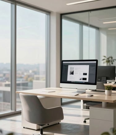 A clean, bright North American office interior with large glass windows and minimalist furniture. A high-resolution monitor in the background displays elegant, sophisticated design work. Professional atmosphere with soft morning sunlight in off-white and muted blue tones.