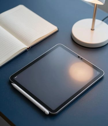A high-angle shot of a designer's desk in North America. Features include an Android tablet with a stylus, a clean notebook, and a modern desk lamp. The palette is dominated by dark blue and off-white tones.