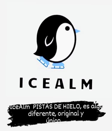 IceAlm logo with a black and white penguin on ice skates above text for pistas de hielo ice rinks.