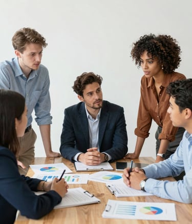 Team meeting discussing investment project plans around a table.