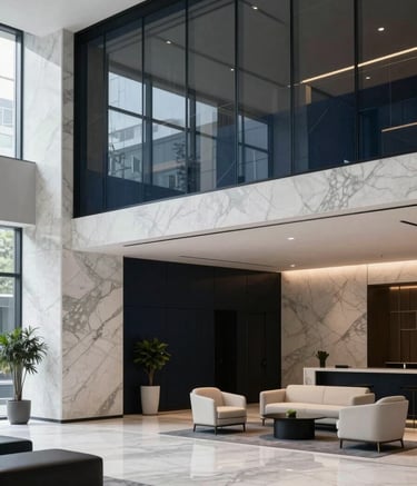 A professional portrait of a clean, modern building lobby in North America, featuring sleek marble and glass textures with minimalist furniture in a color palette of dark onyx navy and soft white.