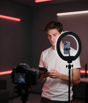 A high-end studio setting with a creator using a professional ring light and camera to record a TikTok Shop product review. The background features sleek architectural lines in shades of #0D0D0D and #330000, with a subtle red glow from neon tubes. Professional, authoritative atmosphere.