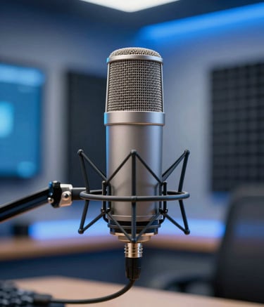 A professional broadcast microphone in a modern radio studio, soft blue ambient lighting #3A7CA5 in the background, clean and professional setting with soundproofing panels, incorporating brand palette colors, high-quality photography.
