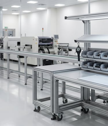 Modern electronics manufacturing facility featuring automated assembly lines and ergonomic workstations.