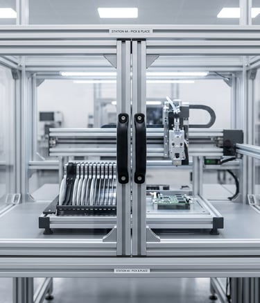 Automated pick and place machine for PCB assembly in a cleanroom electronics manufacturing facility.