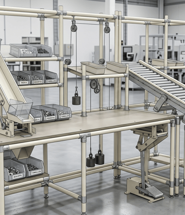 Modular pipe and joint industrial workbench with roller conveyor and gravity feed bins for lean manufacturing.