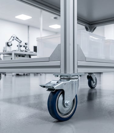 Heavy-duty blue swivel casters mounted on an industrial aluminum profile trolley in a cleanroom laboratory.
