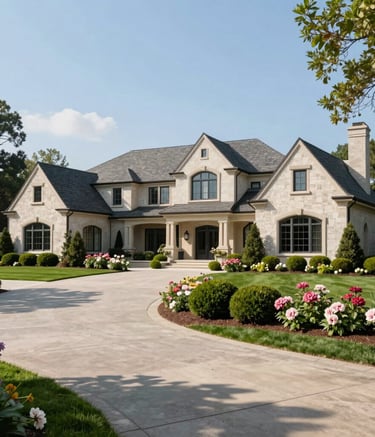 An elegant North American estate featuring a sophisticated driveway landscape with layered deep green shrubs, flowering perennials, and a perfectly maintained lawn under a clear blue sky.