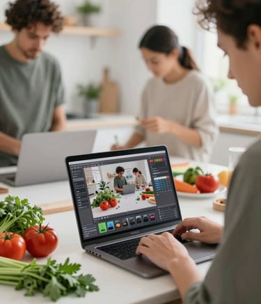 A behind-the-scenes shot of a Pomodoro team member editing photos on a laptop in a bright kitchen studio. Fresh produce like tomatoes (#A13E3E) and herbs (#3C614C) are arranged on the counter. The atmosphere is professional yet inviting.