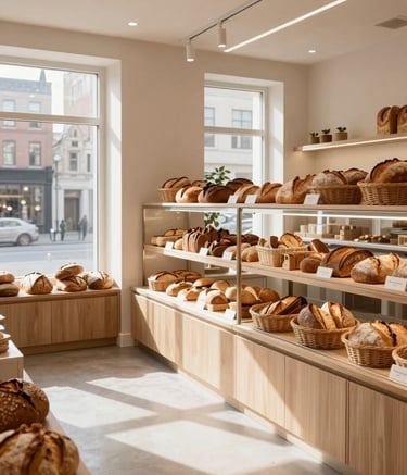 A wide-angle interior shot of a Scandinavian-style artisanal bakery in a North American city. The space features clean lines, light wood furniture, and walls the color of Crisp Parchment. Natural soft morning light streams through windows, highlighting baskets of freshly baked bread. Sophisticated and approachable atmosphere.