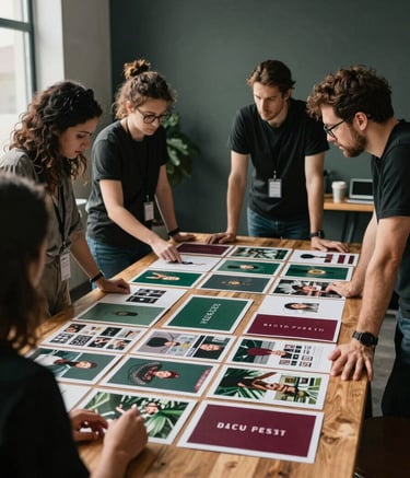 Behind-the-scenes photography in a high-contrast, modern North American marketing studio. A professional creative team is collaborating around a large wooden table, planning a social media campaign with mood boards that feature Matte Forest Green and Deep Ripe Crimson accents. Soft natural light, candid professional atmosphere.