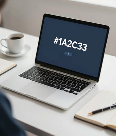 A refined, professional workspace setup with a modern laptop, a notebook, and a coffee cup on a clean white desk. The lighting is soft and natural, emphasizing a calm and focused atmosphere. The color palette incorporates shades of #1A2C3D and #6E7C8B in the accessories, reflecting a professional yet approachable mood.