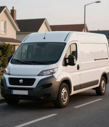 A professional white Peugeot Boxer utility van without license plates, parked on a clean suburban street in Île-de-France, soft morning sunlight, realistic commercial photography style.