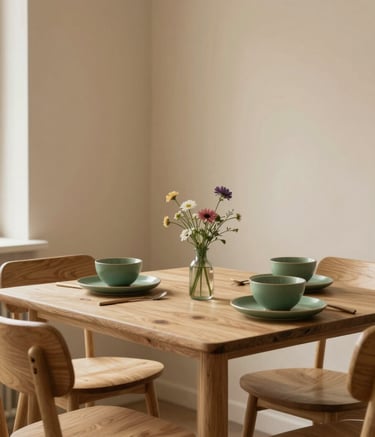 A cozy, Scandinavian-style restaurant interior with minimalist wooden furniture. Soft natural light illuminates a table set with Matte Forest Green ceramics and a small vase of wildflowers. The walls are a warm Crisp Parchment color, creating a serene and inviting atmosphere.