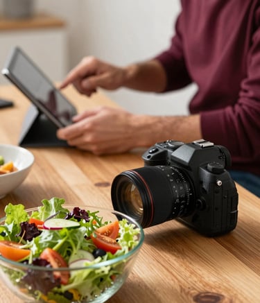 Behind-the-scenes photography of a content creator's workspace. A professional camera is focused on a vibrant salad on a wooden table. In the background, a person in a Deep Ripe Crimson shirt is reviewing shots on a tablet. The lighting is bright and professional.