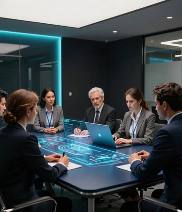 A professional South American office setting in a modern building. A group of diverse professionals is gathered around a sleek, dark blue table with holographic interfaces. The room is lit with electric cyan accents against deep black walls. High-end professional photography style.