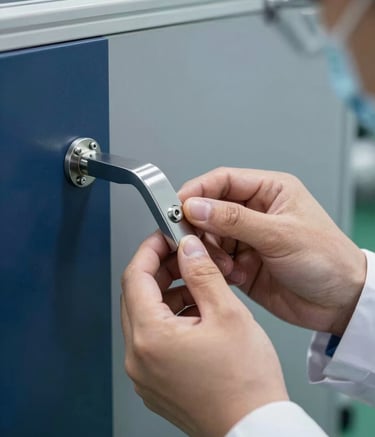 A sharp, professional close-up of a quality control inspector in a clean manufacturing facility, examining a sleek metallic door stopper. The lighting is bright and modern, with a palette of navy blue and slate grey in the background.