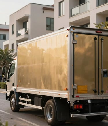 A professional moving truck with clean metallic gold detailing parked in a modern Mecca residential district. Soft daylight, clean lines, focusing on the efficiency and scale of the operation.