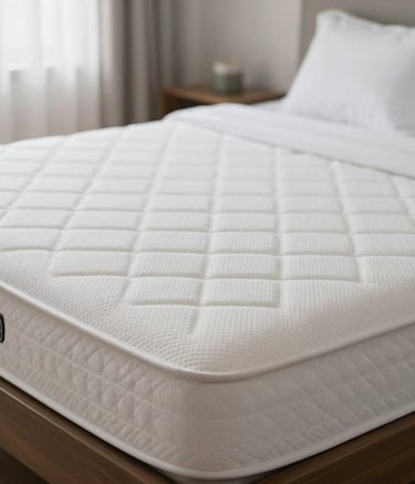 A high-quality photo of a pristine, freshly cleaned white mattress in a bright, sunlit South American bedroom. The environment is minimalist and perfectly organized, conveying a sense of hygiene and freshness. Soft natural light, professional photography.