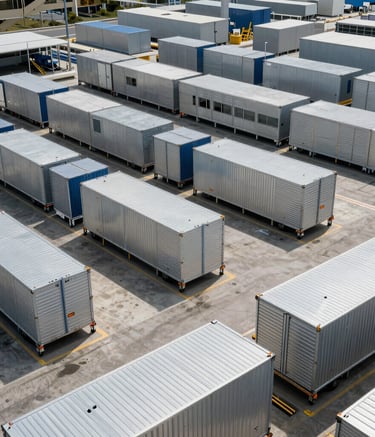 A wide shot of a modern, organized logistics distribution center in Brazil. Silver and blue metallic structures, bright daylight, and a sense of vast, efficient space. Clean and professional photography style.