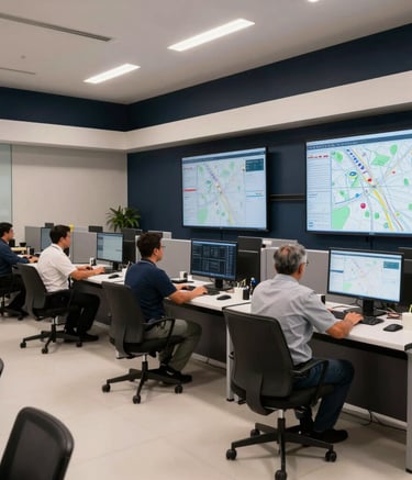 A modern logistics monitoring center in Brazil with professionals working at sleek stations. Large screens show mapping data. The lighting is professional and soft, with accents of dark navy and off-white in the interior design.