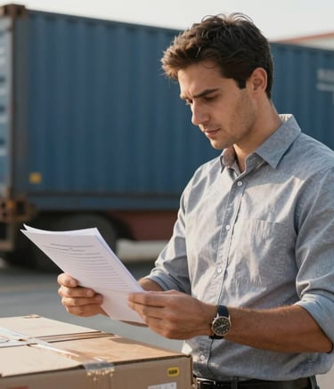 Detailed shot of a professional logistics manager in smart casual attire inspecting cargo documents at a South American terminal. Warm natural light, shallow depth of field with a clean freight warehouse background using muted blue and grey tones.