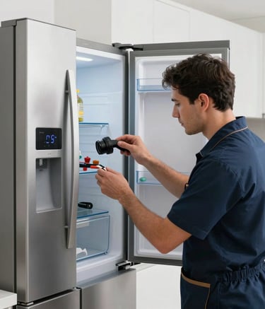 A professional technician in a clean uniform repairing a large modern refrigerator in a sleek Middle Eastern kitchen in Dubai, with soft white lighting and a clean, organized composition.