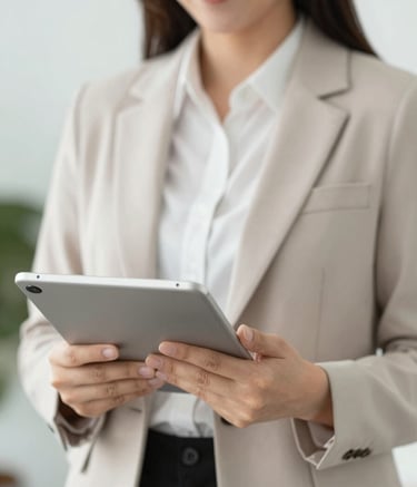 A close-up of a confident financial advisor in a professional setting, holding a tablet. The lighting is soft and bright, using a palette of #4B6B60 and #F8F5EF to evoke a sense of clarity, expertise, and easy access.