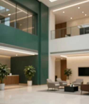 A high-end, modern corporate lobby with clean architectural lines, featuring deep greens and warm beige tones. The atmosphere is professional and sophisticated, emphasizing trust and stability, in the style of contemporary financial institutions.