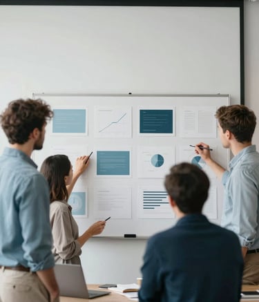 A professional creative team in a modern studio, collaborating over a physical mood board with strategic clarity. The atmosphere is sophisticated and insightful, with natural lighting. The scene features subtle elements in #4B6587 and #A8BECD.