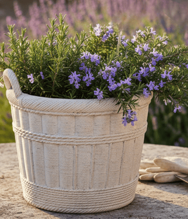 A plant in a white concrete textured rope planter available through Palm Springs Regency