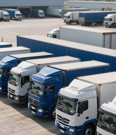 A wide-angle shot of a logistics warehouse loading dock with a fleet of modern trucks ready for dispatch. The scene is bathed in professional morning light, highlighting the sleek designs of the vehicles. The color palette incorporates #3D5C7A and #8BAABF to convey a sense of reliability and scale.