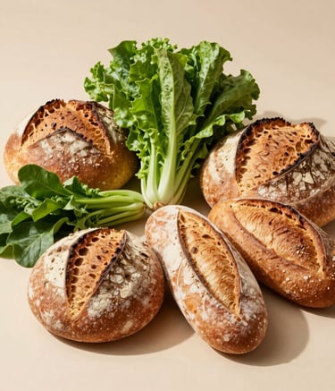 High-quality professional food photography of a selection of artisanal breads and fresh green vegetables on a clean beige surface, bright and natural South American daylight.