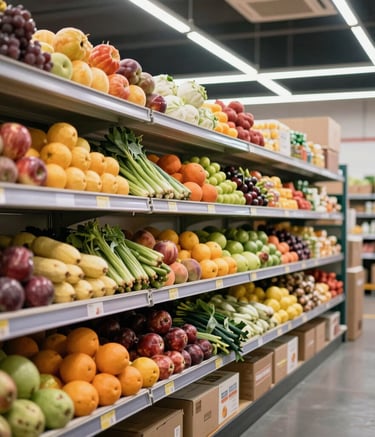 A clean, modern food distribution warehouse in South America, focusing on shelves filled with fresh, vibrant fruits and vegetables under bright, professional studio lighting.