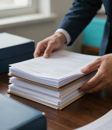 A close-up photograph of a professional's hands organizing stacks of official documents and folders on a dark wooden desk. Soft natural lighting from a window in a European Portuguese office environment. The scene emphasizes precision and detail, with accents of midnight blue and turquoise in the background.