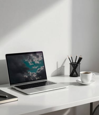 A bright and minimalist office space in Porto, Portugal. A clean workspace featuring a modern laptop, a cup of coffee, and neatly arranged stationery. The atmosphere is calm and professional, with clouds gray and turquoise elements reflected in the decor.