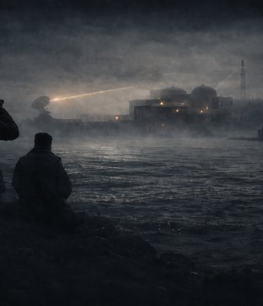 Silhouetted figures watch a fog-shrouded WWII coastal research facility