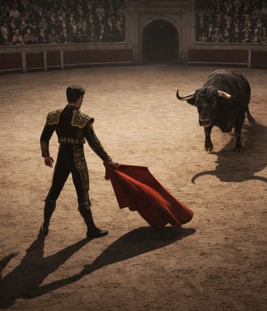 Spanish matador in black and gold facing a charging bull in a traditional bullring