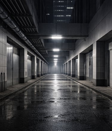 Narrow exterior urban corridor at night with repeating doors and overhead lighting.