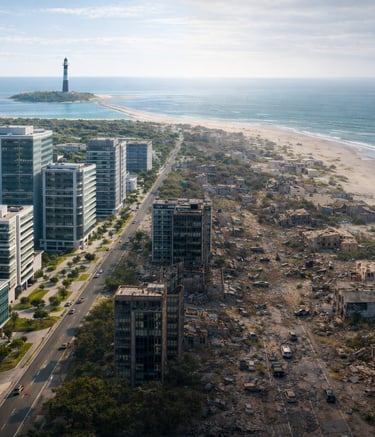 Aerial view of Island transitioning from modern buildings to coastal decay, with lighthouse