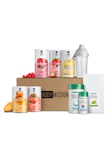 LR Body Mission weight loss kit with protein shakes, soup, and herbal tea supplements.