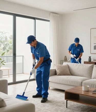 Full shot of a professional cleaning crew in a modern, minimalist Latinoamericano living room. The scene shows a tidy space with large windows, featuring a palette of steel blue and off-white. The atmosphere is professional, serene, and bright, highlighting high-quality maintenance services.