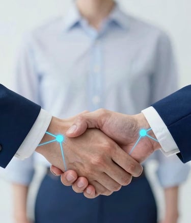 A close-up of a professional digital handshake with holographic light lines connecting two nodes, representing a secure transaction. The color palette features deep blues (#0A1C2C) and bright accents of light blue (#8CB8DB). Minimalist and high-tech style.