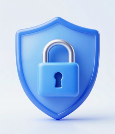 A sleek, modern 3D render of a shield icon combined with a digital lock, symbolizing security in trading. The icon is rendered in a glass-morphism style with blue shades (#2C5D8B, #8CB8DB) against a clean, light background.