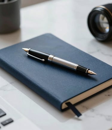 A close-up photograph of a sleek, dark blue notebook and a professional fountain pen resting on a white marble desk in a high-end North American office. Soft natural light creates a sophisticated and calm workspace.